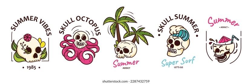 Summer skull death set. Collection of stickers for social networks in retro and old style. Cocktail and octopus. Tropics and exotic. Cartoon flat vector illustrations isolated on white background