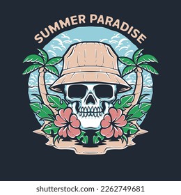 summer skull on beach with tropical flower vector