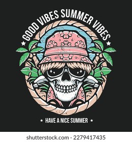 summer skull on beach wearing sunglasses
