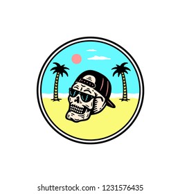 SUMMER SKULL PALM TREE BADGE WHITE BACKGROUND
