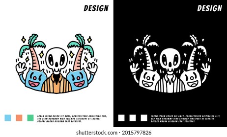 summer skull and retro cat cartoon. illustration for t shirt, poster, logo, sticker, or apparel merchandise.