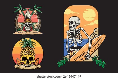 Summer skull t shirt design set, Isolated on black background