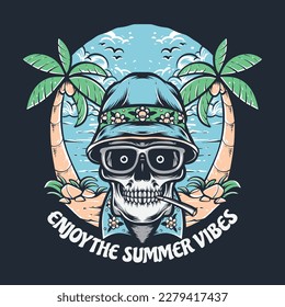 summer skull wearing bucket hat on beach