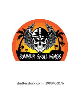 Summer skull wings vector vintage retro t-shirt design.