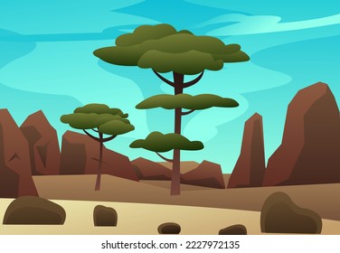Summer sky. African acacia. Trees green foliage. Cartoon fun style. Flat design. Vector