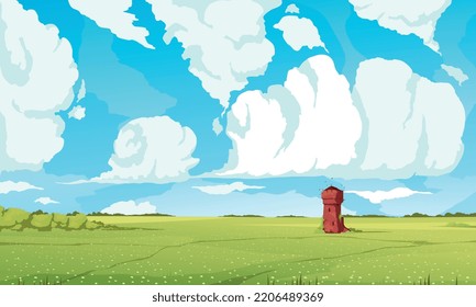 Fondo del cielo de verano con símbolos de campo y torre ilustración vectorial plana