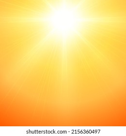 Fondo del cielo de verano. Sol vectorial realista rodeado de sol brillante, sobre un fondo naranja. luz solar.