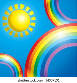 Summer sky background with sun and colorful rainbow