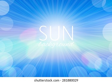 Summer sky background with sun rays and bokeh