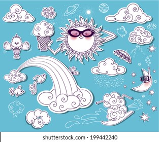 Summer Sky Doodles - Set of summery clip art images, including surfing cloud, scuba diving moon, bird in a swimsuit and sun with sunglasses and ice cream