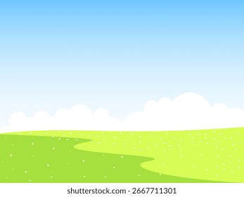 Cielo de verano y campo con hierba. Colinas verdes. Ilustración vectorial.