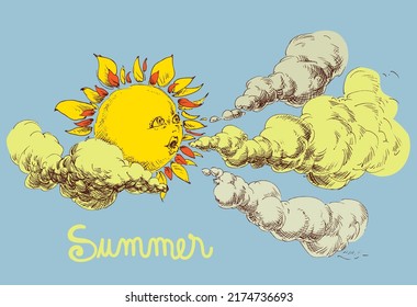 Summer sky holidays seasonal card. Sun blowing clouds in the blue sky