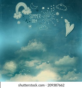 Summer Sky Poster    Doodle drawings  including rainbow  sun  clouds  hearts  moon   stars above the fluffy white clouds  celebrating summer 2014