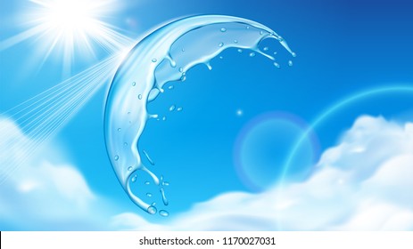 Summer sky with sun behind splashing water bubble. Sprinkle of liquid on top of atmosphere with cumulus clouds and repeling glowing sunshine. Freshwater and aqua, cloudscape theme