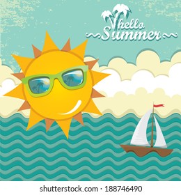 summer sky with sun with sunglasses . vector summer illustration. summer holiday.