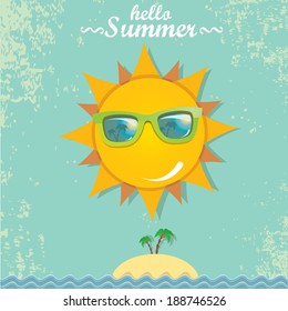 summer sky with sun with sunglasses . vector summer illustration. summer holiday.
