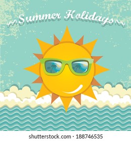 summer sky with sun with sunglasses . vector summer illustration. summer holiday.