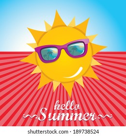 summer sky with sun with sunglasses . vector summer illustration. summer holiday.