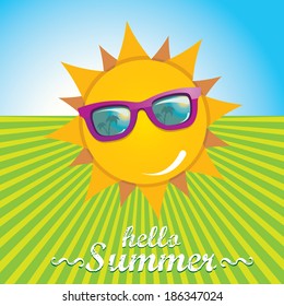 summer sky with sun wearing sunglasses . vector summer illustration. summer holiday.