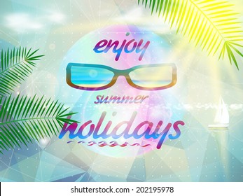 Summer sky with sun wearing sunglasses. EPS10