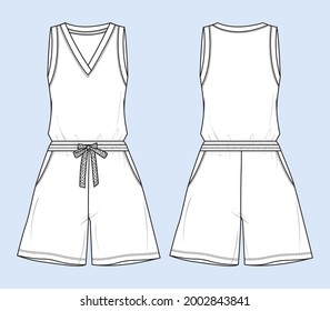 Summer Sleeveless Jumpsuit Rompers Short Pants Loungewear overall Fashion Technical Sketch vector Template for Women's. Female's Modern dress design illustration. Easy edit and customizable.