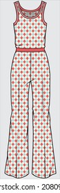 SUMMER SLEVLESS RETRO GEMOETRIC PATTERN JUMPSUIT FOR WOMEN AND TEEN GIRL IN EDITABLE VECTOR FILE WITH EXPANDED PATTERN