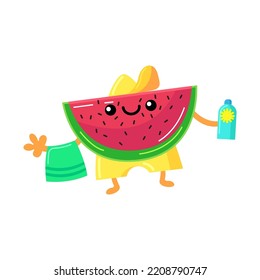 Parte veraniega de la pegatina de la sandía. Fiesta en la playa, helado, anillo de goma, sandía, cóctel tropical. Ilustración vectorial para actividades de piscina, vacaciones, ocio, concepto de viajes