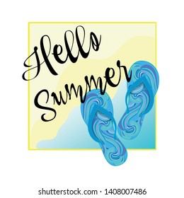 Summer slippers on card, text and water, beach , vector