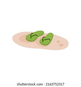 Summer slippers on sand isolated flat cartoon style icon. Vector green flip-flops with partition, fashion color trends. Vector slippers travel, walking, vacation holiday accessories, summertime boots