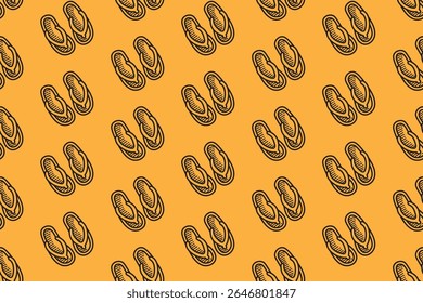 summer slippers retro doodle seamless pattern on yellow background for packaging and merchandise. hand-drawn flip flops sandal illustration motif wallpaper. beach footwear engraving pattern background