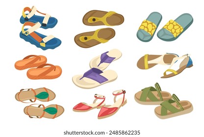 Summer slippers, sandals, flop flip shoes beach footwear accessories set isolated on white