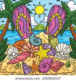 Summer Slippers and Seashells Colored Cartoon 