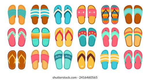 Summer slippers set. Flip flops summer shoes vector illustration, slippers view from above, flat design