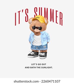 summer slogan with bear doll in summer fashion style vector illustration svg