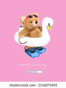 summer slogan with bear doll in swim ring and scuba diving shoes vector illustration on pink background