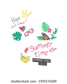 summer slogan with cartoon fruits and butterfly vector illustration