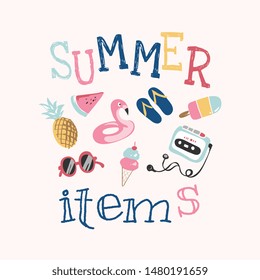 summer slogan with cartoon summer icons illustration