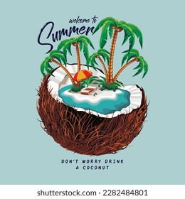 summer slogan with coconuts graphic vector illustration. Vector illustration on a summer holiday theme with paradise island on sea background. EPS 10 design.