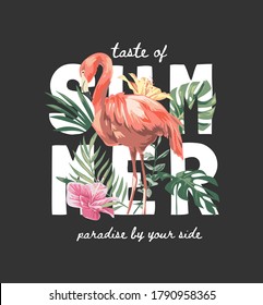 Sommerslogan mit Flamingo auf exotischem Hintergrund