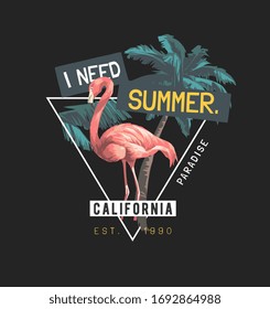 summer slogan with flamingo and palm tree in triangle frame on black background