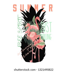 Summer slogan with flamingo and pineapple illustration