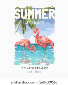 Summer Slogan With With Flamingos On The Beach Illustration