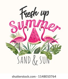 summer slogan with flamingos and watermelon illustration