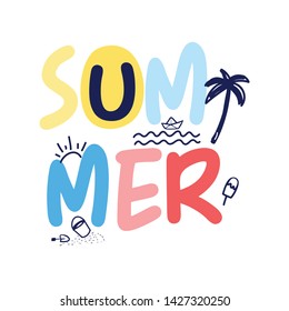 Summer Slogan And Hand Drawing Summer Icons Vector Illustration .  Print Design For Summer.