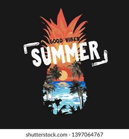 summer slogan on beach sunset in pineapple shape illustration