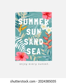 summer slogan on colorful tropical flower background vector illustration