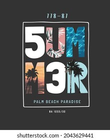 summer slogan on summer sunset and palm beach vector illustration on black background