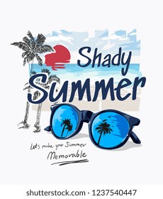 summer slogan with palm beach and sunglasses illustration