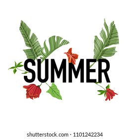 Summer slogan with palm and flowers. Vector patch for fashion apparels, t shirt, stickers, embroidery and printed tee design.