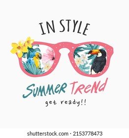 summer slogan with sunglasses with exotric birds and tropical leaf vector illustration